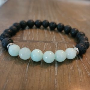 8mm Lava Stone Aquamarine Stretch Bracelet 7.5 Inches Yoga Mala Reiki Bead 1